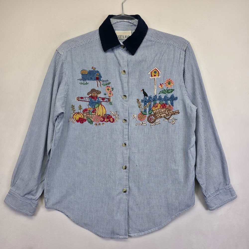 Casey and Max Blouse Womens S Blue White Striped Embroidered Autumn Granny Shirt